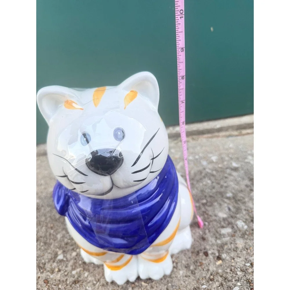 Vintage Style Ceramic White Orange Striped Cat Cookie Jar Blue Scarf 10‎ Inch